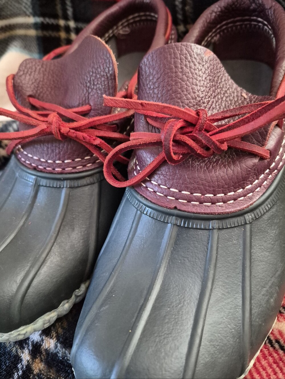 LL BEAN Made I Maine! Burgundy Leather & Black Rubber Duck Boots with Red Laces